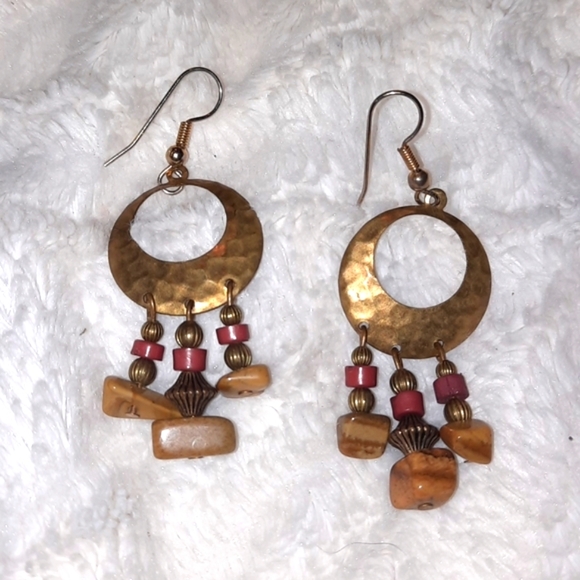 Small gold dangle Stone earrings red-brown & gold - Picture 1 of 4